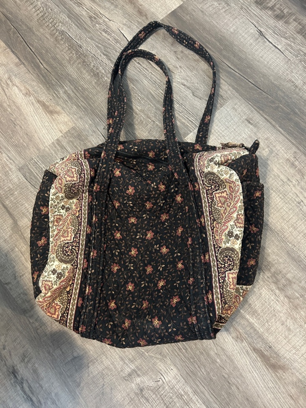 Vera Bradley Quilted Floral Tote Bag in Black with Paisley Accents Black Walnut